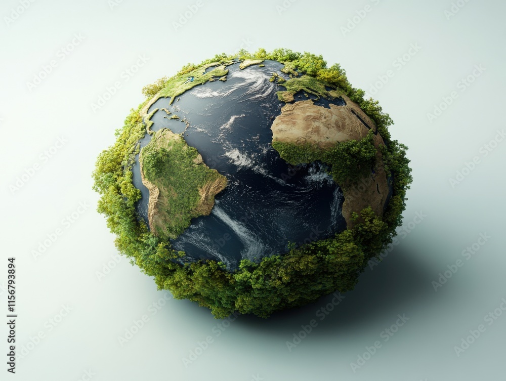 Fototapeta premium A digitally rendered Earth covered with lush greenery symbolizing global environmental awareness, set against a clean, white background.