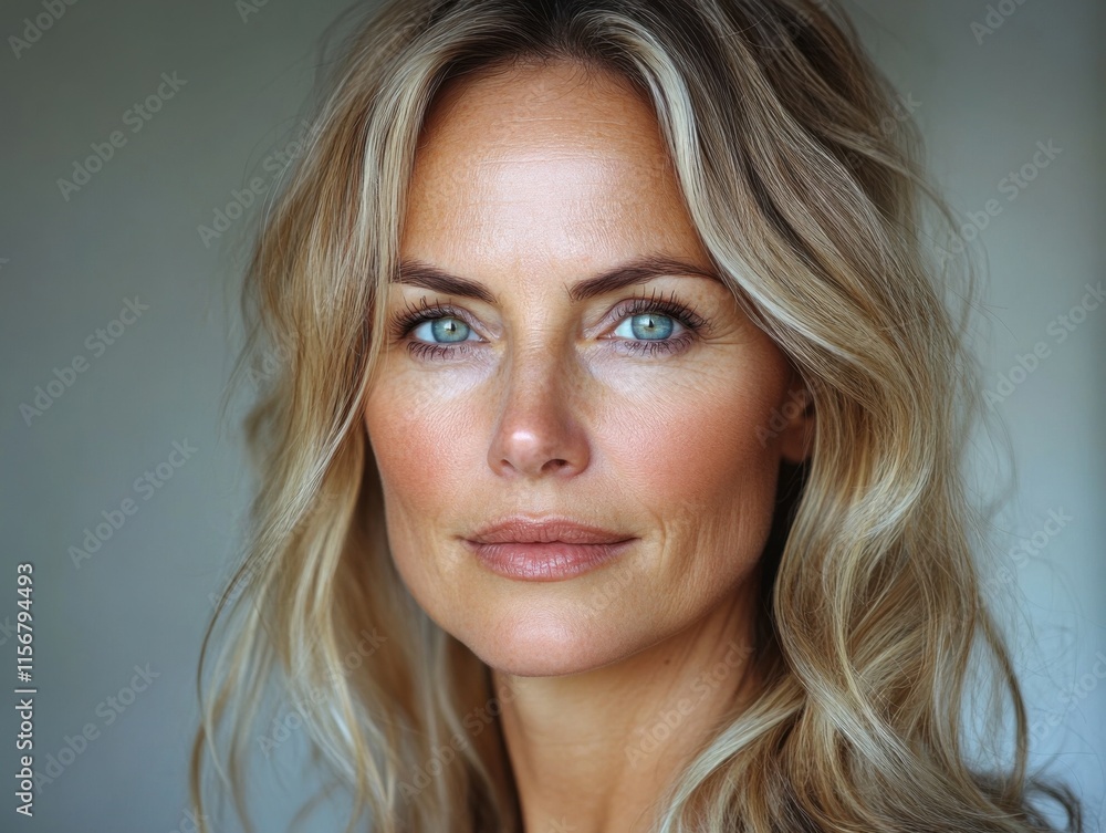 A mid-aged woman with blonde hair and blue eyes is facing forward, appearing calm and confident. The background is softly blurred, emphasizing her features. A mid-aged woman with blonde hair and blue eyes is facing forward, appearing calm and confident. The background is softly blurred, emphasizing her features.
