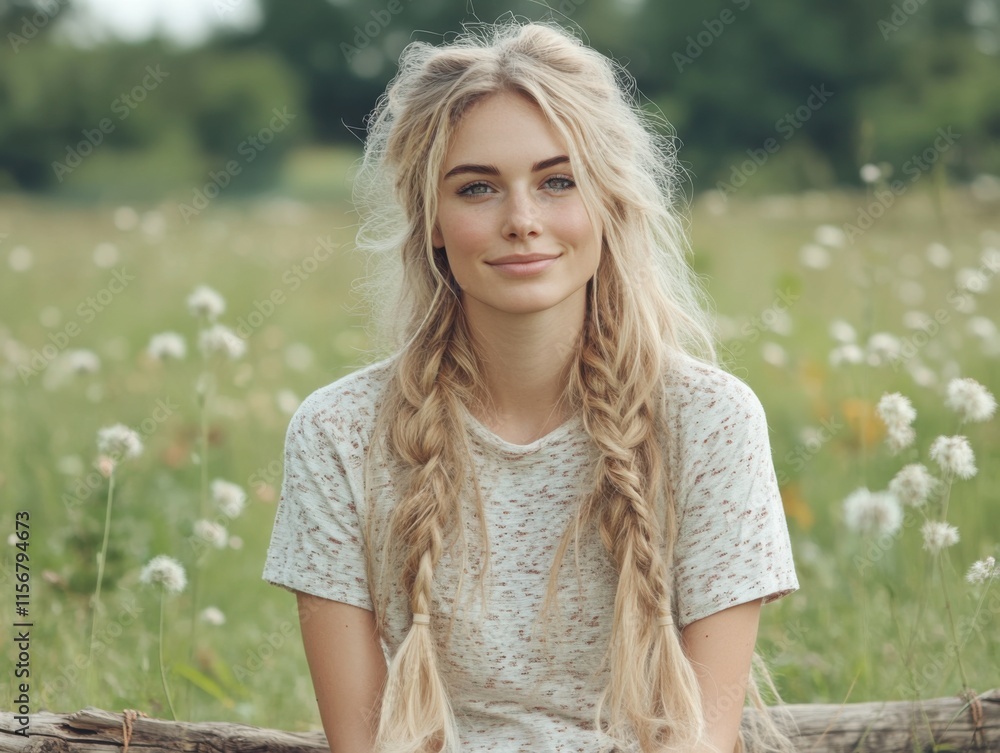 Fototapeta premium A woman with long, braided hair relaxes in a green meadow, surrounded by wildflowers and trees, exuding serenity and connection with nature.