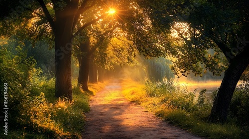 Wallpaper Mural Sunlit Path Through Trees Beside Calm Water Torontodigital.ca