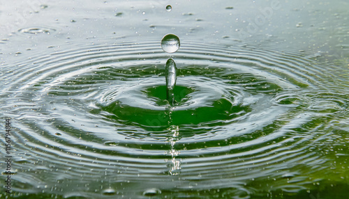 drop of water, raindrops hitting the water surface. Tranquil banner, background with space for text, wellness, beauty, spa, and eco-themed ads.