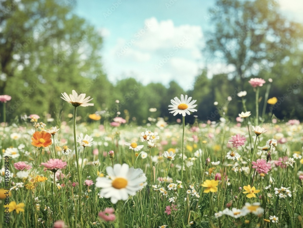 Obraz premium A vibrant flower meadow bathed in soft sunlight and bokeh effects, creating a serene and picturesque scene that evokes feelings of peace and joy.