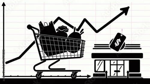 Wallpaper Mural Illustration of a shopping cart silhouette with a rising graph overlay, symbolizing increasing grocery prices, emphasizing inflation trends.  Torontodigital.ca