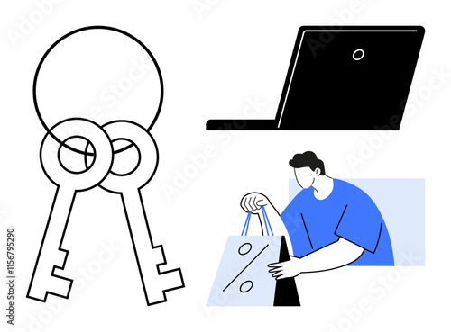 Two interlocking keys, a laptop, and a person holding shopping bags. Ideal for themes thumbs up security, technology, online shopping, e-commerce, retail cybersecurity and digital marketing. Line