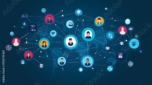 Globally Connected Network: Vibrant Digital Illustration of Interlinked Professionals. AI Generated photo