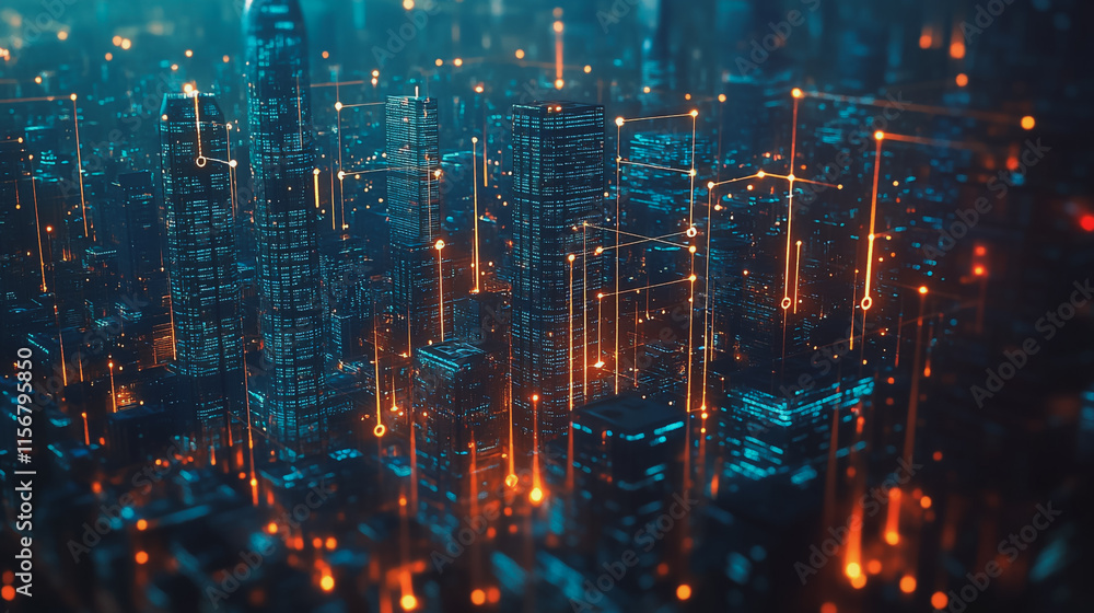 Obraz premium Smart digital Innovation city with connection network reciprocity over the cityscape. of future smart wireless city and social media networking systems that connects business people with in city