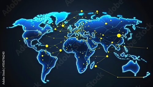 Fototapeta Naklejka Na Ścianę i Meble -  Global world blue map with yellow connected nodes and edge lines, internet connection, social media, cyber world