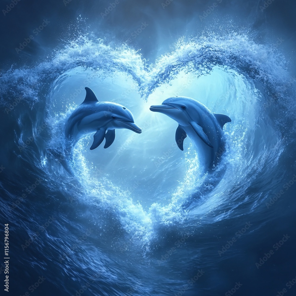 Naklejka premium A pair of dolphins swimming in a glowing heart-shaped ocean wave