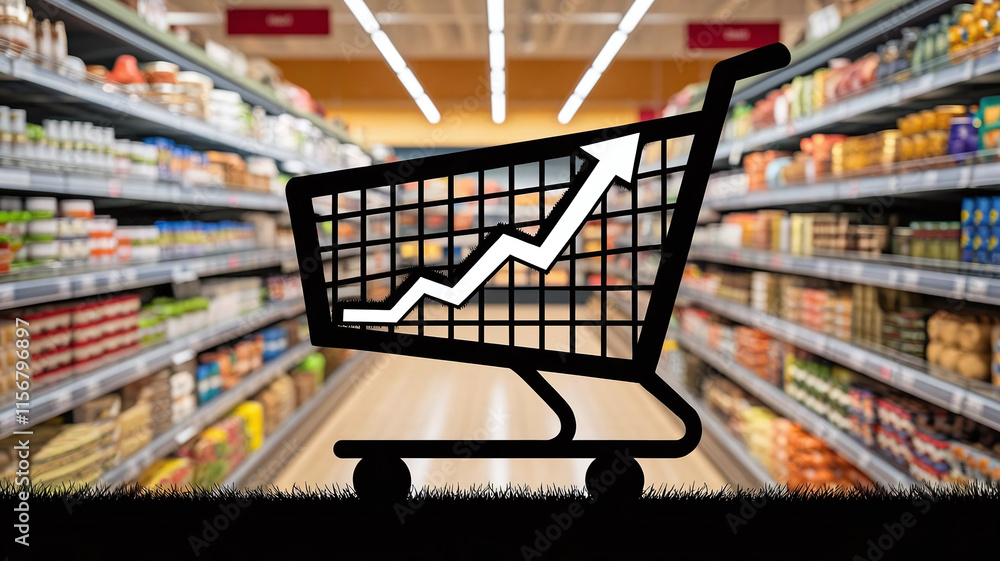 Illustration of a shopping cart silhouette with a rising graph overlay, symbolizing increasing grocery prices, emphasizing inflation trends. Illustration of a shopping cart silhouette with a rising graph overlay, symbolizing increasing grocery prices, emphasizing inflation trends.