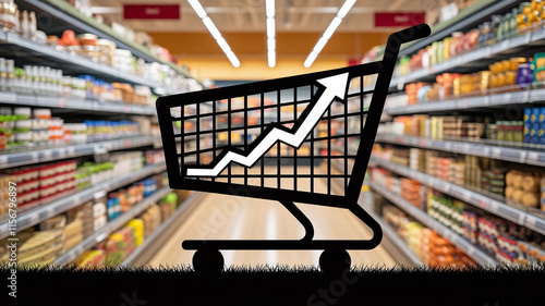 Wallpaper Mural Illustration of a shopping cart silhouette with a rising graph overlay, symbolizing increasing grocery prices, emphasizing inflation trends.  Torontodigital.ca