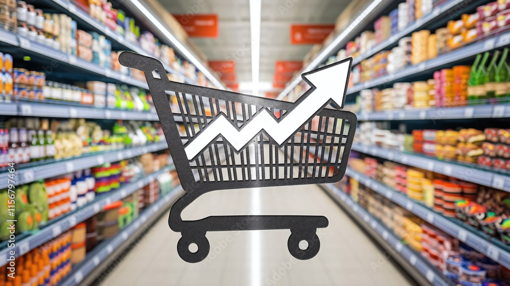 Illustration of a shopping cart silhouette with a rising graph overlay, symbolizing increasing grocery prices, emphasizing inflation trends. Illustration of a shopping cart silhouette with a rising graph overlay, symbolizing increasing grocery prices, emphasizing inflation trends.