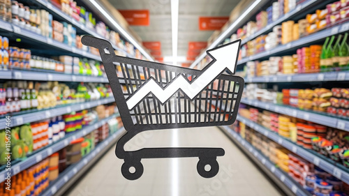 Wallpaper Mural Illustration of a shopping cart silhouette with a rising graph overlay, symbolizing increasing grocery prices, emphasizing inflation trends.  Torontodigital.ca