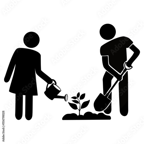 silhouettes of people gardening and watering plants