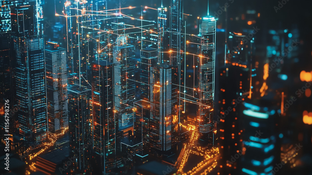 Smart digital Innovation city with connection network reciprocity over the cityscape. of future smart wireless city and social media networking systems that connects business people with in city Smart digital Innovation city with connection network reciprocity over the cityscape. of future smart wireless city and social media networking systems that connects business people with in city