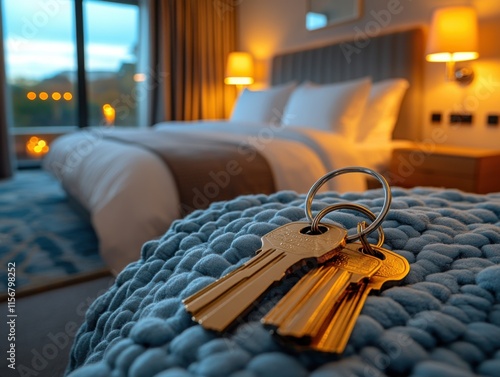 A set of keys rests on a textured blue surface in a warmly lit bedroom, possibly an apartment or hotel room, with a neatly made bed in the background. photo