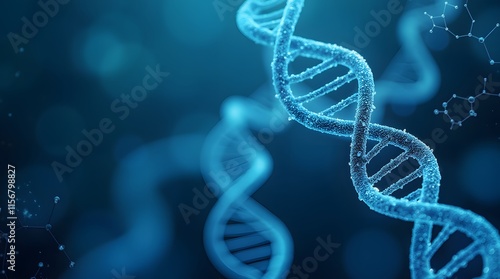 Innovative biotechnology conceptual background featuring DNA strands, molecular structures, and scientific elements representing genetic research and technological advancements