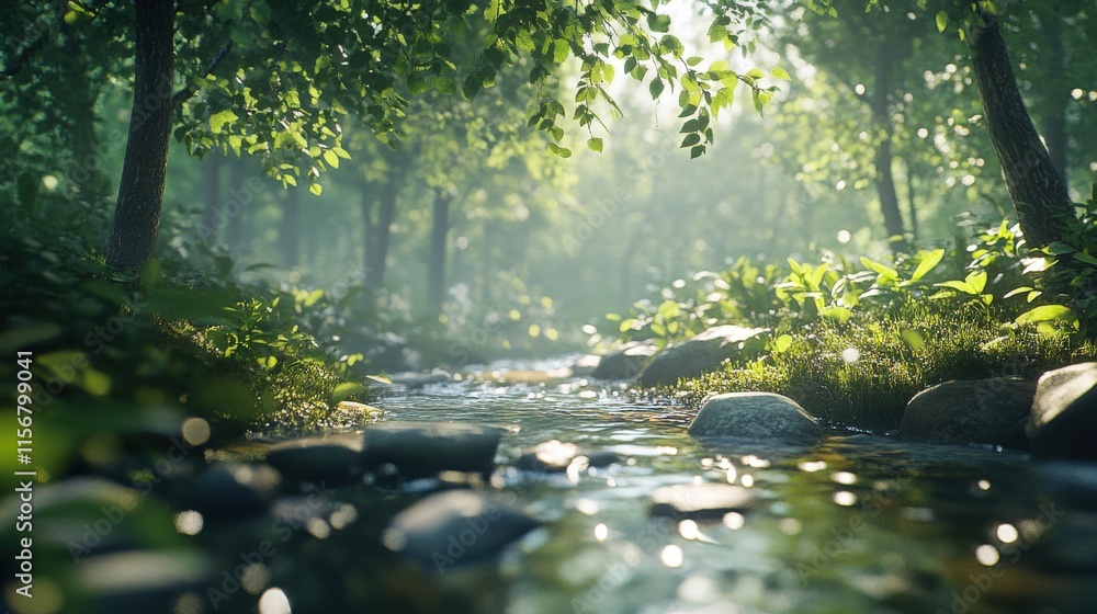 Fototapeta premium Serene Forest Stream Sunlight Dappled Greens