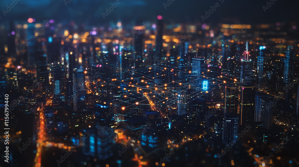 Smart digital Innovation city with connection network reciprocity over the cityscape. of future smart wireless city and social media networking systems that connects business people with in city Smart digital Innovation city with connection network reciprocity over the cityscape. of future smart wireless city and social media networking systems that connects business people with in city