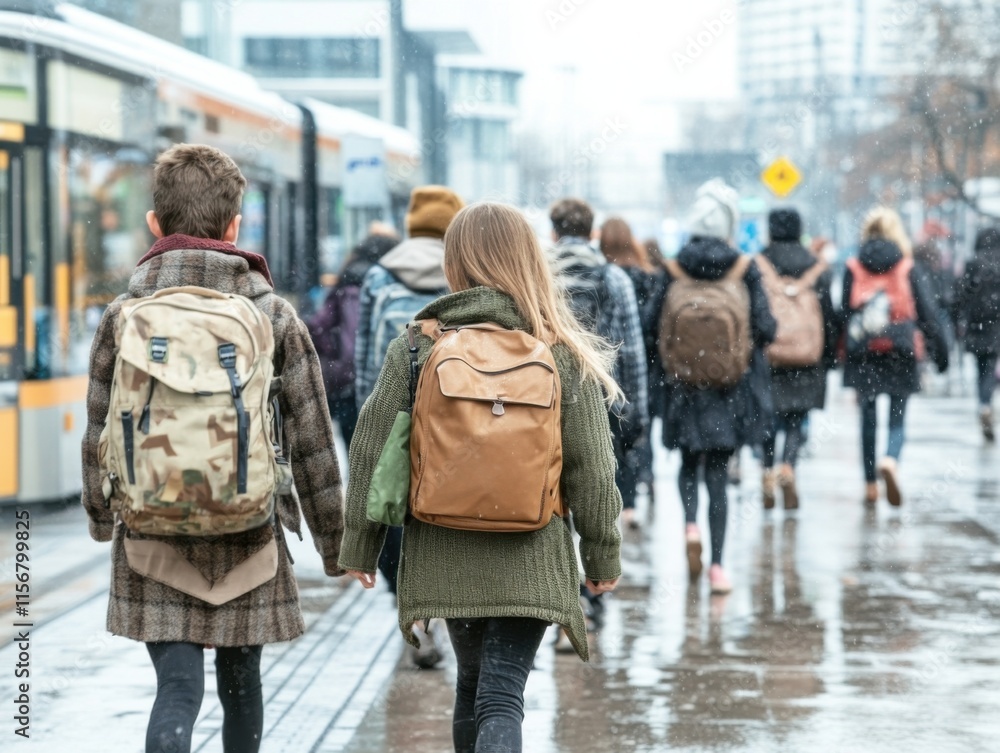 A group of young children wearing backpacks walk together on a wet city street, showcasing friendship and urban life. A group of young children wearing backpacks walk together on a wet city street, showcasing friendship and urban life.
