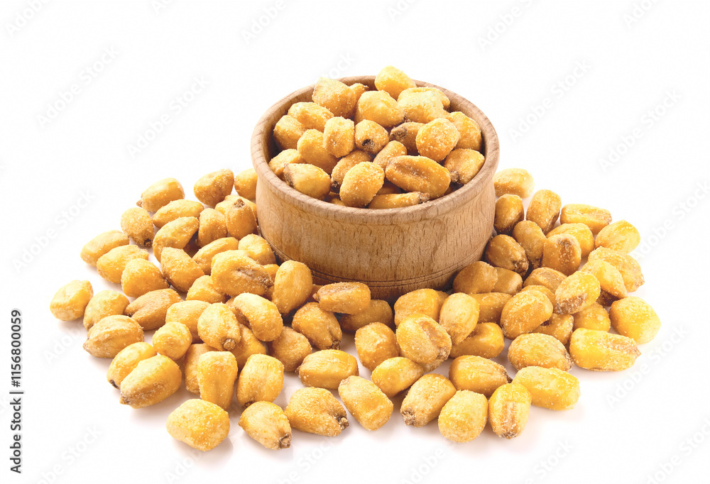 Roasted salted corn nuts in wooden bowl, isolated on white backg