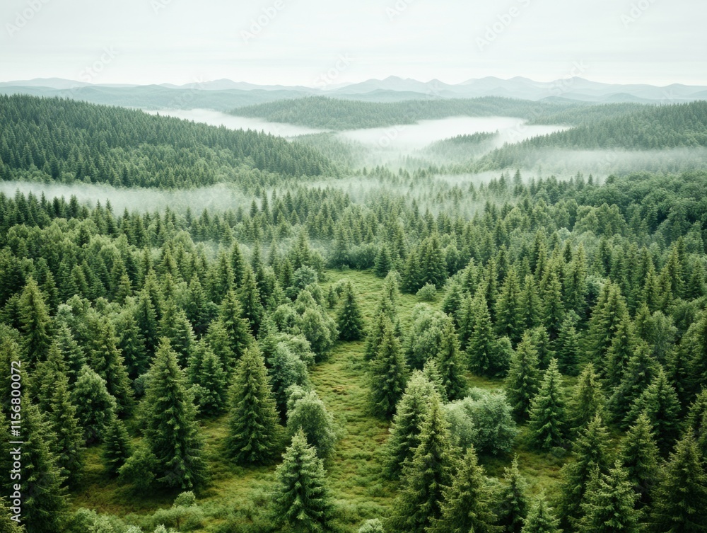 Obraz premium A serene aerial view of a dense evergreen forest blanketed with mist, stretching into distant hills under a soft, cloudy sky.