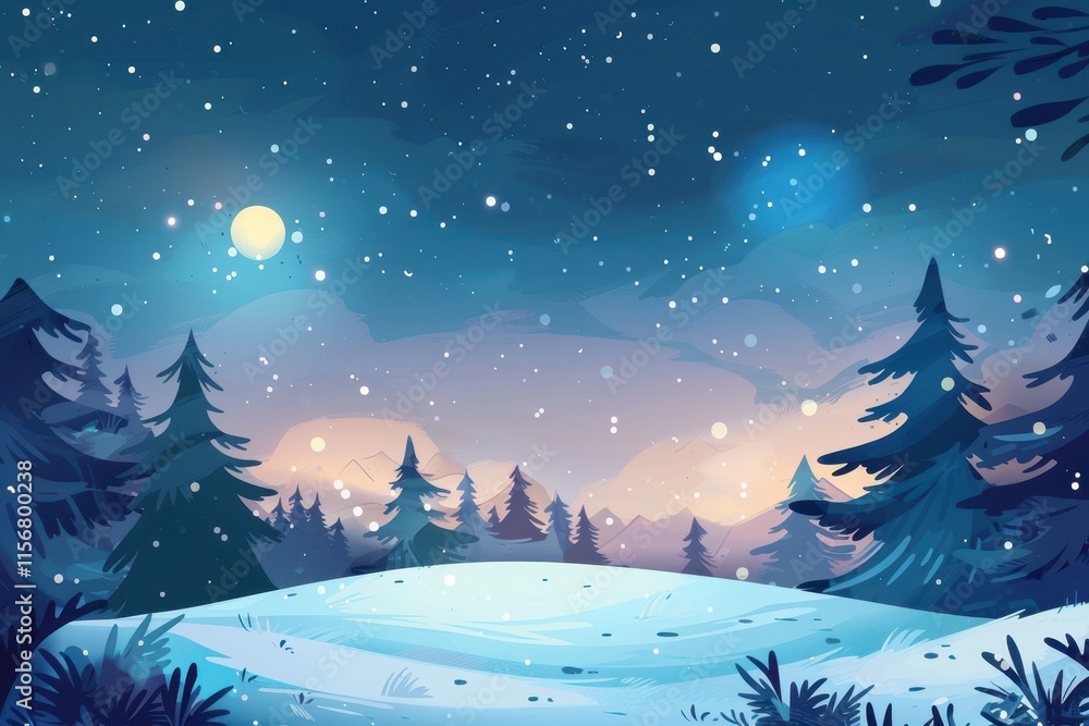 Naklejka premium A Nighttime Snowy Forest Scene with Pine Trees and a Moon in the Sky