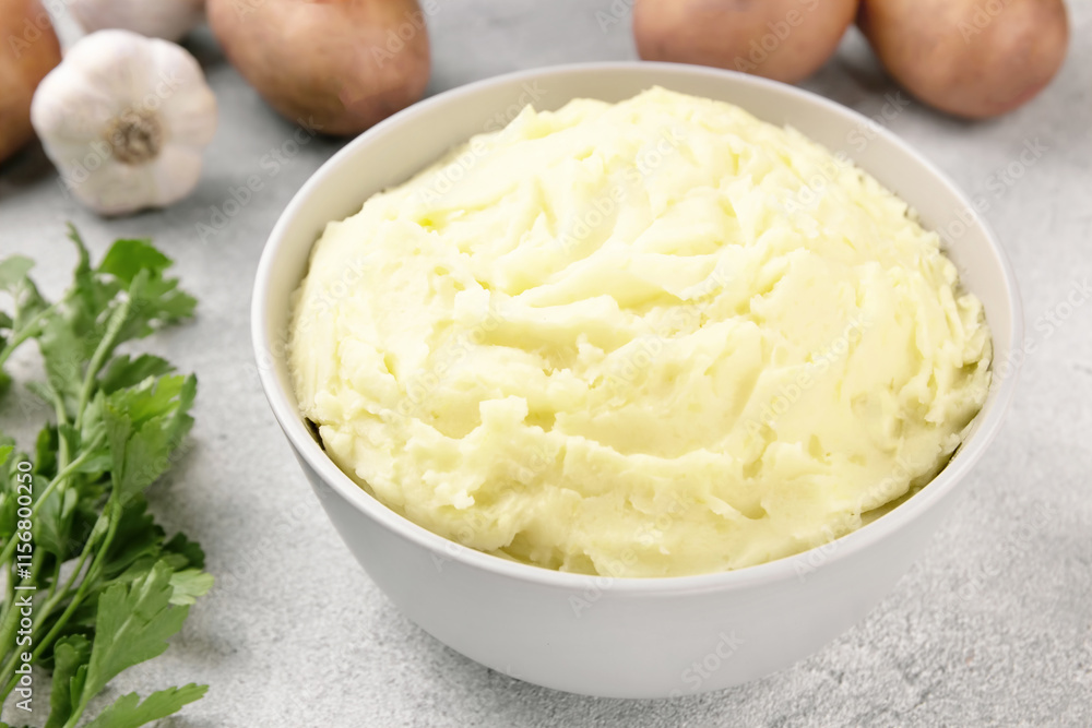 Mashed potatoes in white bowl on grey concrete background. Healt Mashed potatoes in white bowl on grey concrete background. Healt