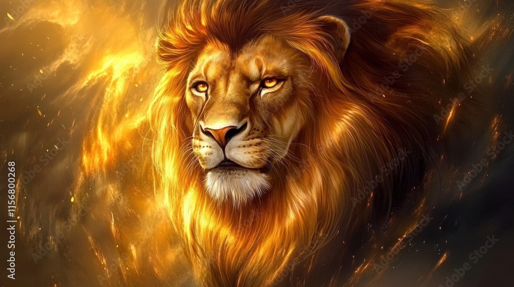 Naklejka premium Majestic Golden Lion Amidst Fiery Embers