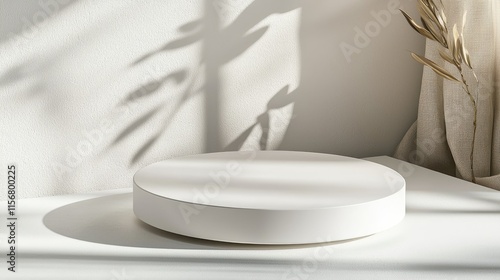 Minimalist White Pedestal Display with Natural Shadows and Dried Plants in Soft Sunlight