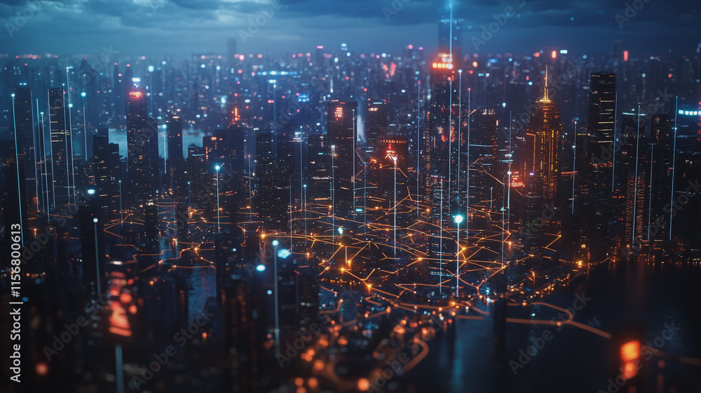 Fototapeta premium Smart digital Innovation city with connection network reciprocity over the cityscape. of future smart wireless city and social media networking systems that connects business people with in city