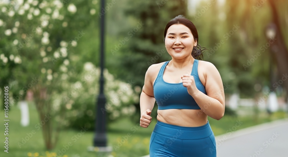 Determined asian young adult woman jogging in park for fitness and wellness Determined asian young adult woman jogging in park for fitness and wellness