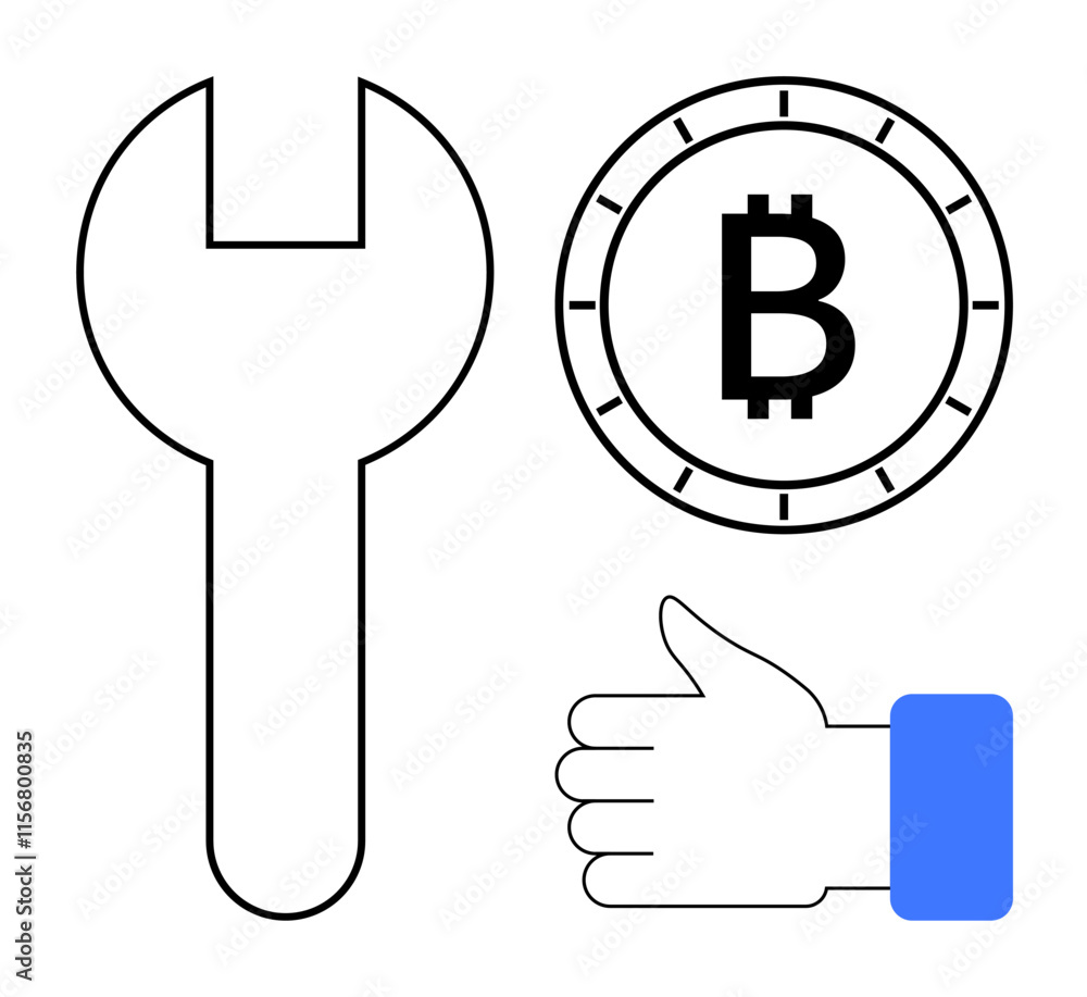 Hand holding large wrench, Bitcoin symbol coin alongside thumbs up gesture. Ideal for cryptocurrency, blockchain, digital finance, technical support, investment approval, fintech, and innovation Hand holding large wrench, Bitcoin symbol coin alongside thumbs up gesture. Ideal for cryptocurrency, blockchain, digital finance, technical support, investment approval, fintech, and innovation