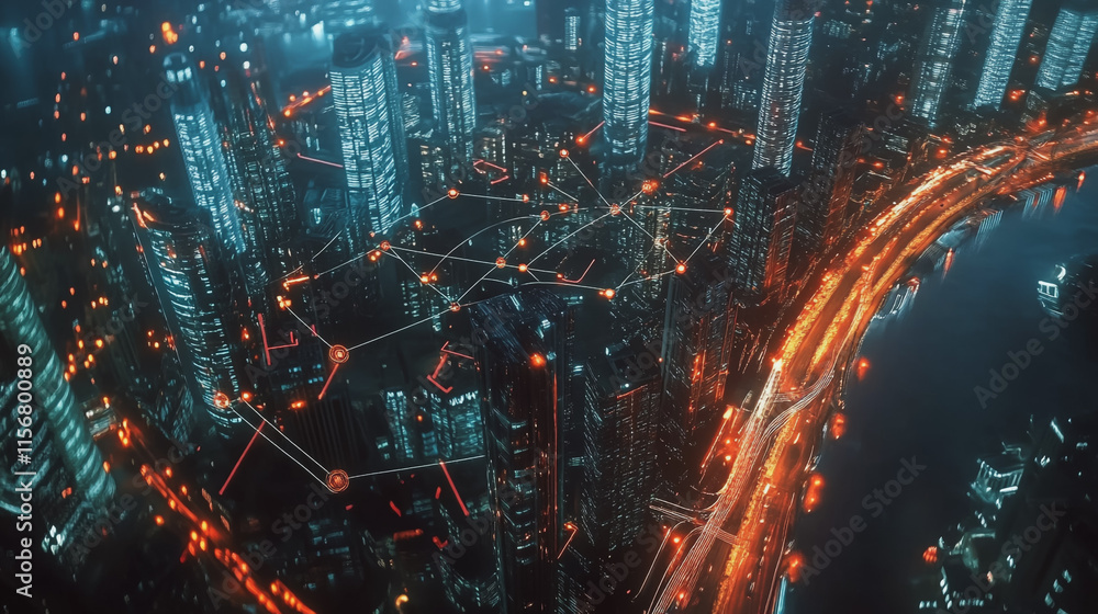 Smart digital Innovation city with connection network reciprocity over the cityscape. of future smart wireless city and social media networking systems that connects business people with in city Smart digital Innovation city with connection network reciprocity over the cityscape. of future smart wireless city and social media networking systems that connects business people with in city