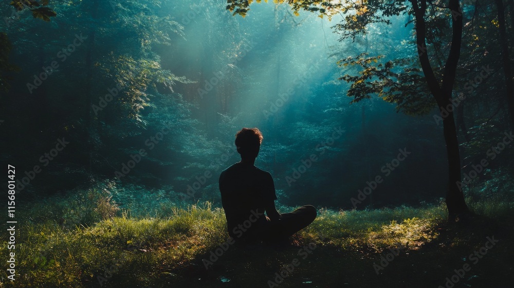 Fototapeta premium Peaceful Solitude: A Man Meditates in an Enchanting Forest