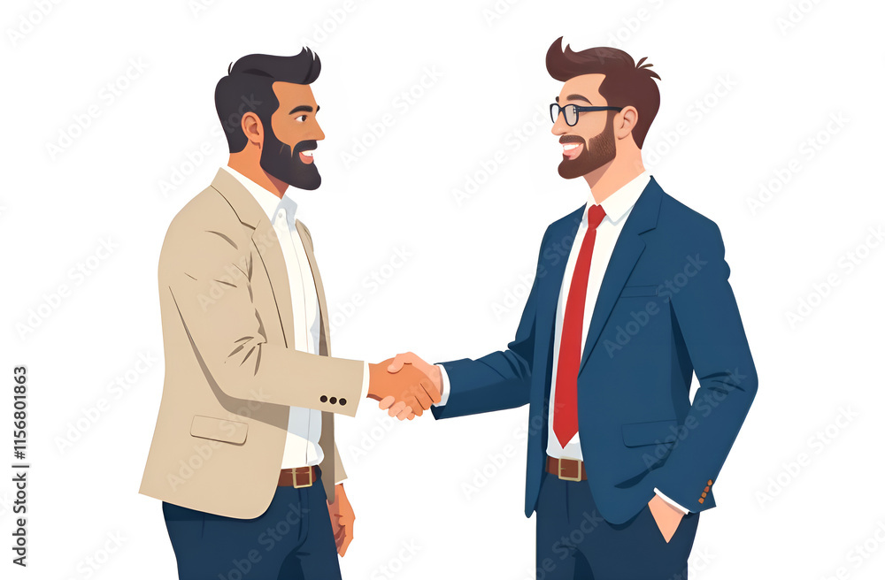 Two men in business suits shake hands in mutual respect