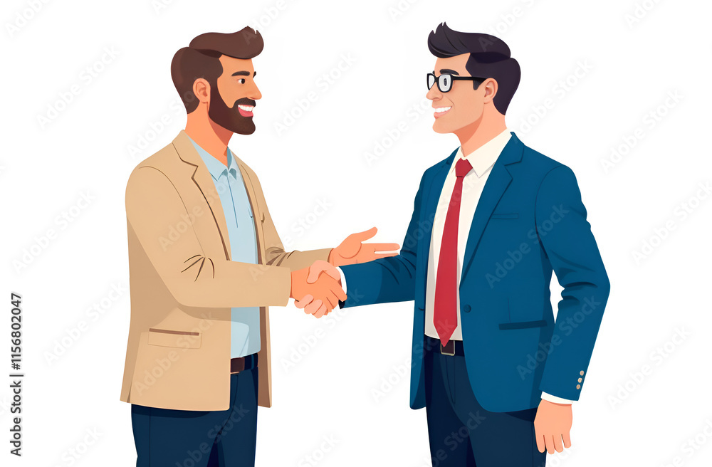 Two men in business suits shake hands in mutual respect