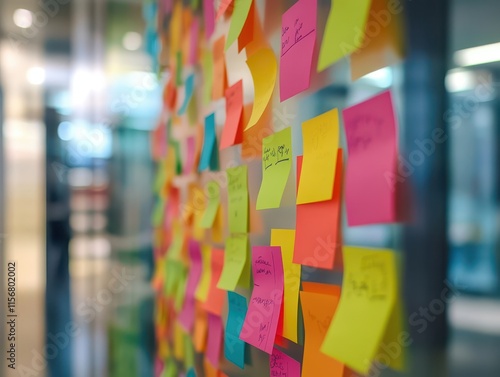 Colleagues sharing ideas on sticky notes in an open office, colorful inspiration and brainstorming