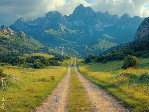 A picturesque rural landscape with wind turbines set against a backdrop of majestic mountains under a partly cloudy sky, illustrating renewable energy in nature. photo