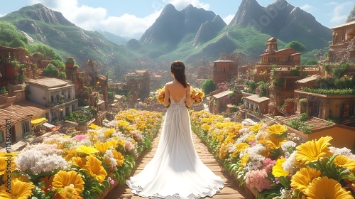 Bride overlooking scenic town. photo