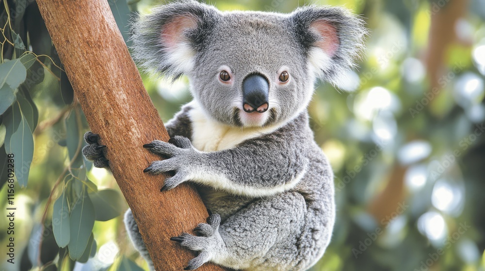 Naklejka premium Close-up of a cute koala among lush green leaves in natural habitat