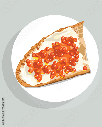 Vector sandwich with red caviar on white plate, with butter, bruschetta breakfast