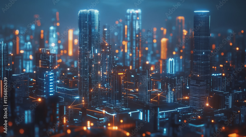Smart digital Innovation city with connection network reciprocity over the cityscape. of future smart wireless city and social media networking systems that connects business people with in city