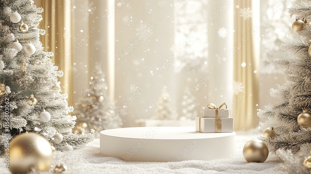 White and Gold Christmas background with cylindrical empty podium for promotions. Round stage for presentation sale product. White and Gold Christmas background with cylindrical empty podium for promotions. Round stage for presentation sale product.