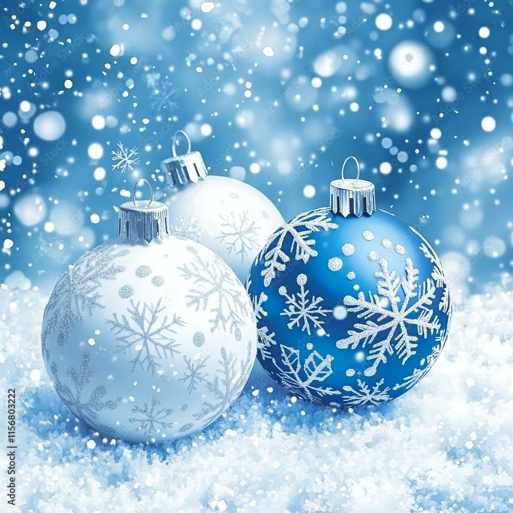 Christmas background with snowflakes and christmas balls in blue and white tones Christmas background with snowflakes and christmas balls in blue and white tones