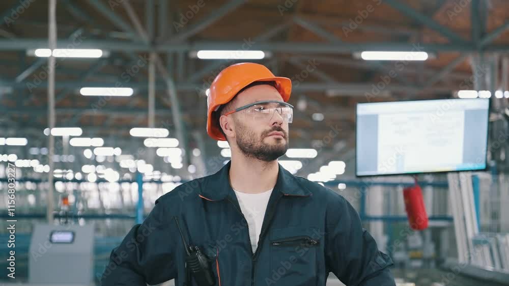 Portrait, front view, standing. Man is working in the modern factory. Portrait, front view, standing. Man is working in the modern factory.