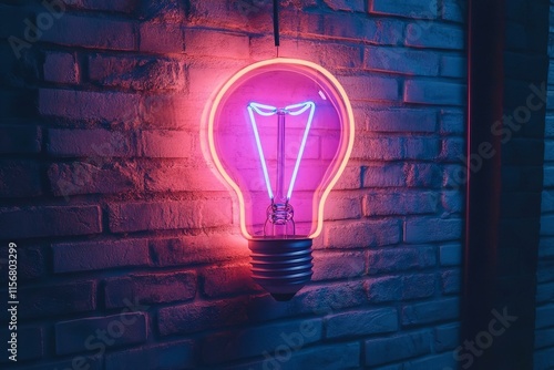 Neon sign of a glowing light bulb symbolizing ideas and knowledge in trivia games with copy space
