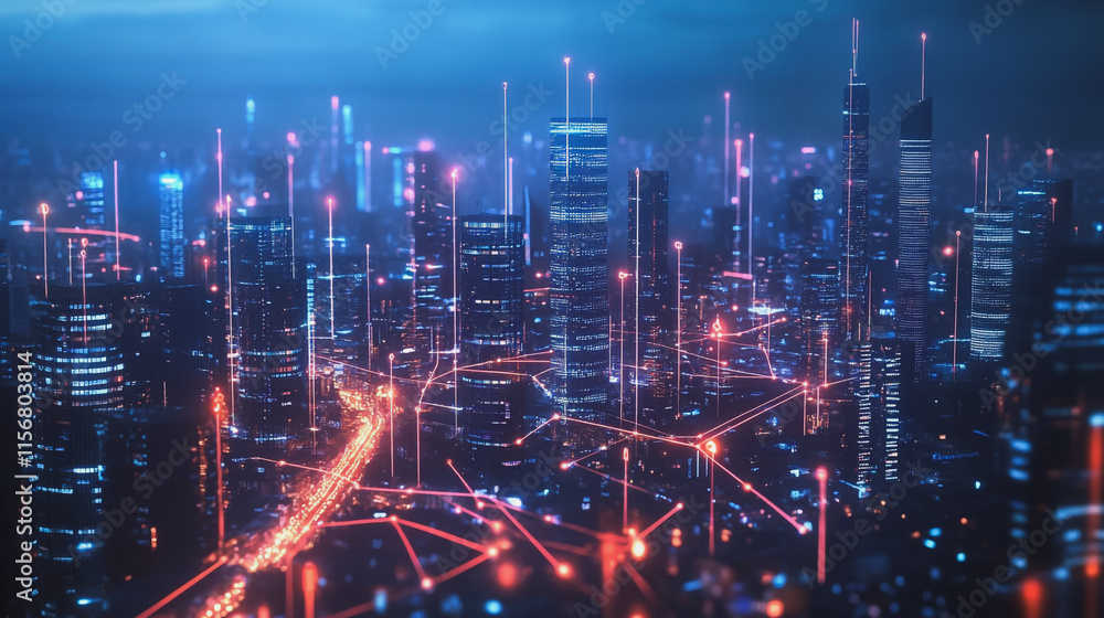 Fototapeta premium Smart digital Innovation city with connection network reciprocity over the cityscape. of future smart wireless city and social media networking systems that connects business people with in city