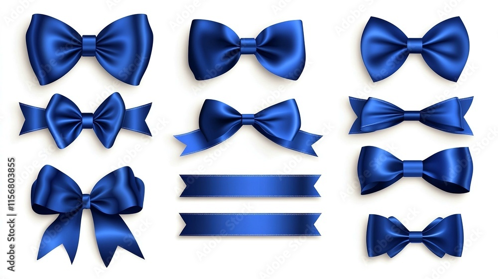 Set of satin decorative blue bows with horizontal ribbon isolated on white background. Set of satin decorative blue bows with horizontal ribbon isolated on white background.