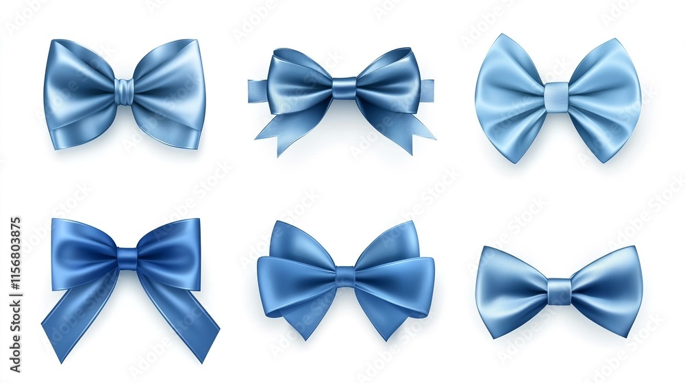 Set of satin decorative blue bows with horizontal ribbon isolated on white background. Set of satin decorative blue bows with horizontal ribbon isolated on white background.