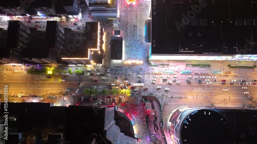 Crowds gather on Shenyang Zhongjie Pedestrian Street in an aerial view during the bustling evening photo